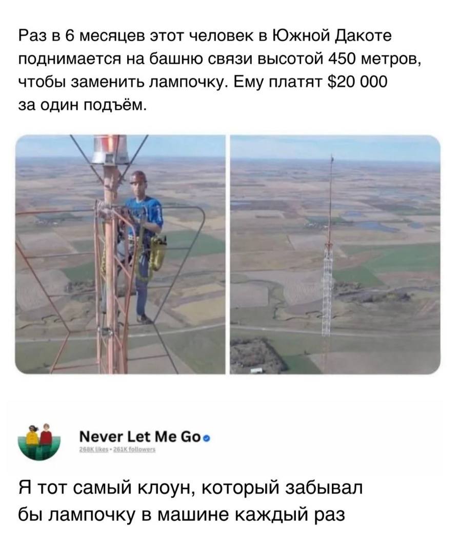 – Раз в 6 месяцев этот человек в Южной Дакоте поднимается на башню связи высотой 450 метров, чтобы заменить лампочку. Ему платят $20 000 за один подъём.
– Я тот самый клоун, который забывал бы лампочку в машине каждый раз.