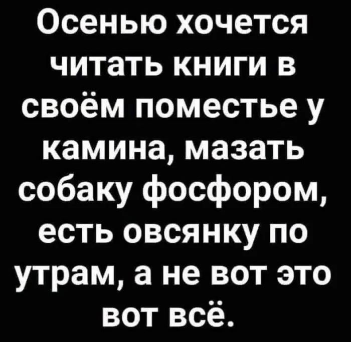 Осенью хочется читать книги в своём поместье у камина, мазать собаку фосфором, есть овсянку по утрам, а не вот это вот всё.