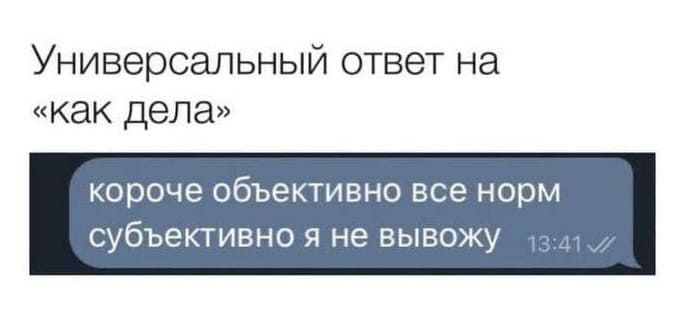 Универсальный ответ на «Как дела?»
– Короче, объективно всё норм, субъективно я не вывожу...