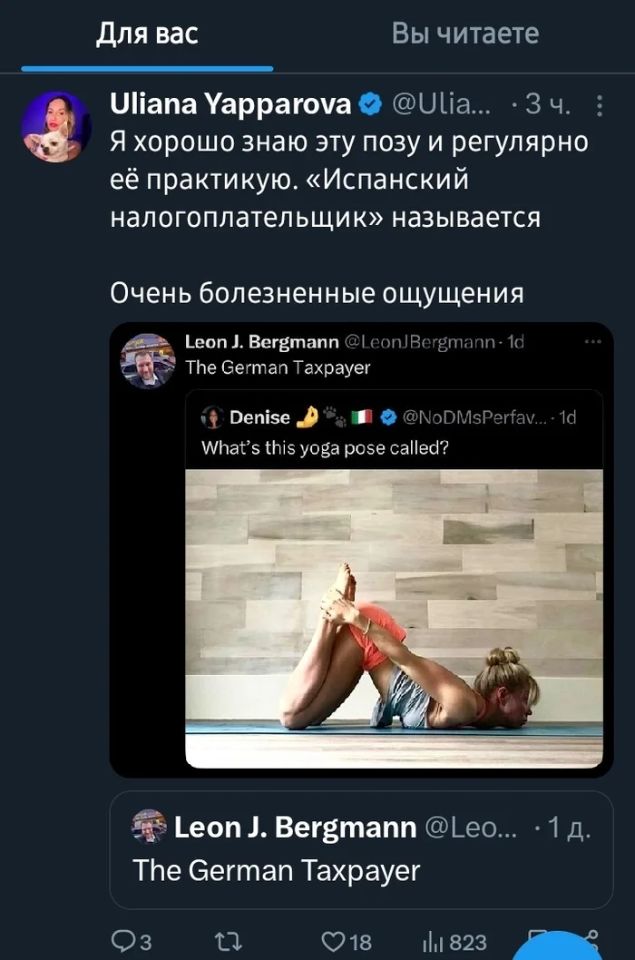 Я хорошо знаю эту позу и регулярно её практикую. «Испанский налогоплательщик» называется. Очень болезненные ощущения.
*The German Taxpayer*