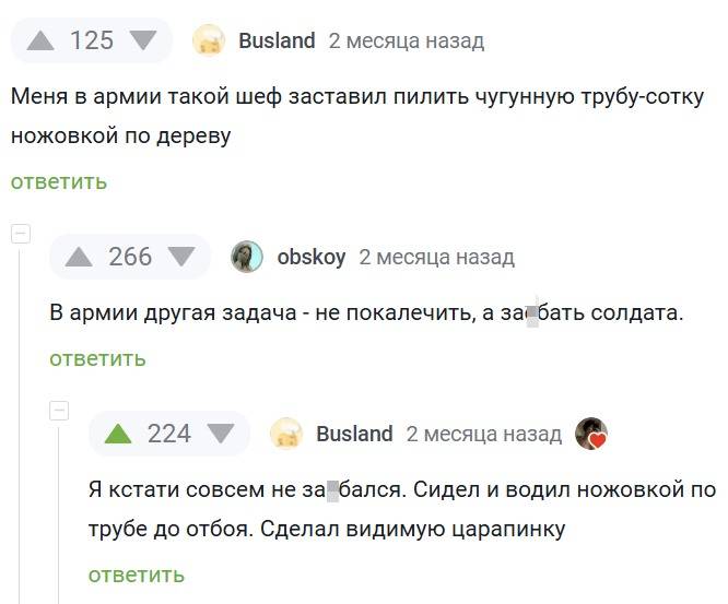 – Меня в армии такой шеф заставил пилить чугунную трубу-сотку ножовкой по дереву.
– В армии другая задача – не покалечить, а запбать солдата.
– Я кстати совсем не запбался. Сидел и водил ножовкой по трубе до отбоя. Сделал видимую царапинку.