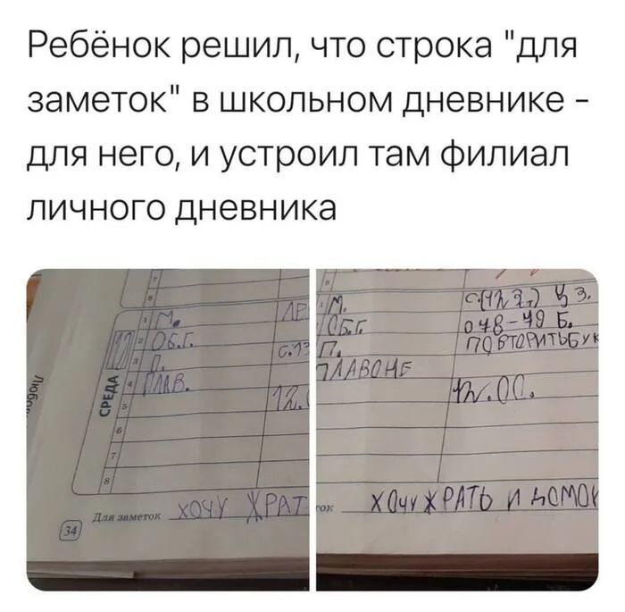 Ребёнок решил, что строка «для заметок» в школьном дневнике – для него, и устроил там филиал личного дневника.
*Хочу жрать*