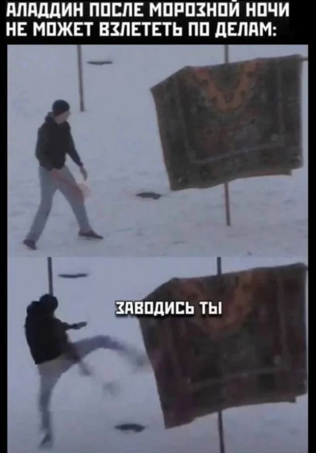 *Аладдин после морозной ночи не может взлететь по делам: Заводись ты!*