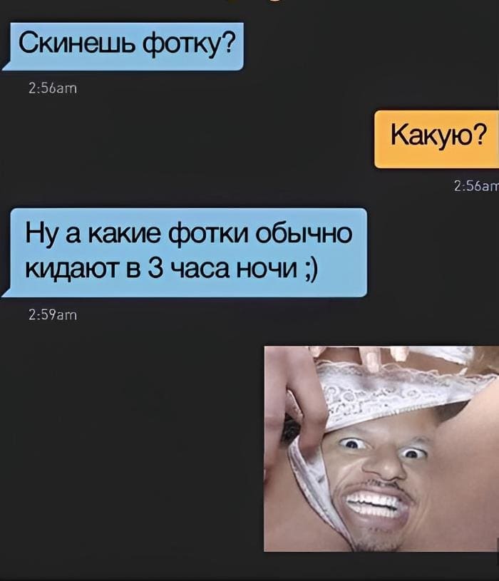 – Скинешь фотку?
– Какую?
– Ну а какие фотки обычно кидают в З часа ночи?
– *Скидывает фотку*