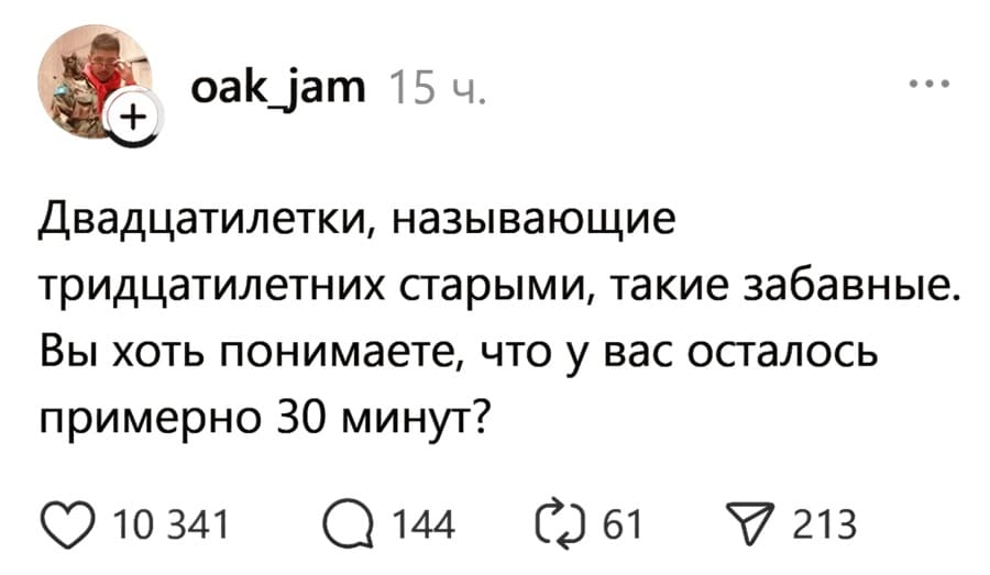 Двадцатилетки, называющие тридцатилетних старыми, такие забавные.
Вы хоть понимаете, что у вас осталось примерно 30 минут?