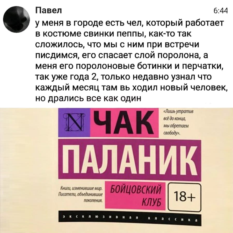 У нас в городе есть чел, который работает в костюме «Свинки Пеппы», как-то так сложилось, что мы с ним при встречи писдимся, его спасает слой поролона, а меня его поролоновые ботинки и перчатки, так уже года 2, только недавно узнал что каждый месяц там ходил новый человек, но дрались все как один.
«Лишь утратив всё до конца, мы обретаем свободу»
ЧАК ПАЛАННИК
Бойцовский клуб