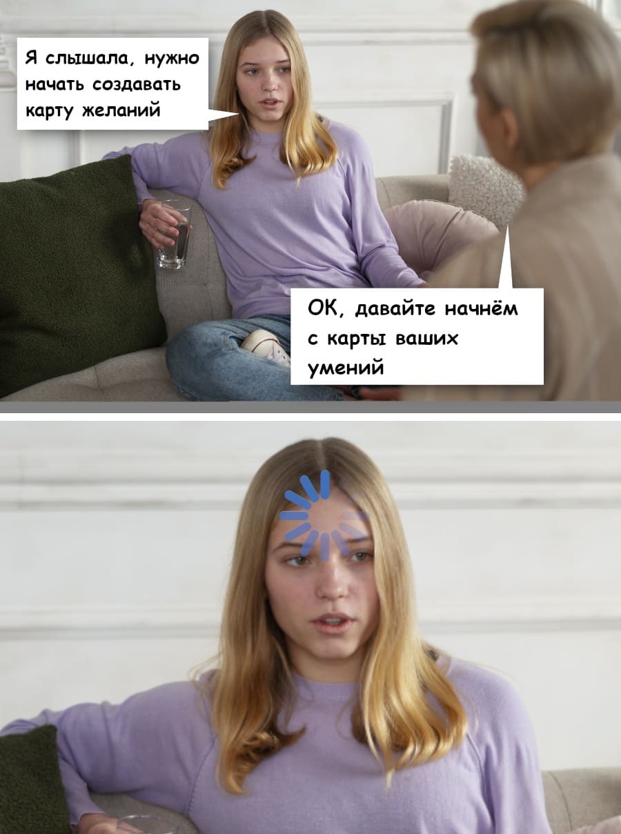 – Я слышала, нужно начать создавать карту желаний.
– ОК, давайте начнём с карты ваших умений.