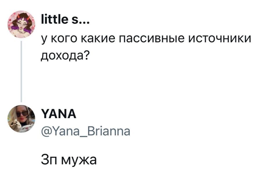 – Вопрос: у кого какие пассивные источники дохода?
– Зарплата мужа.