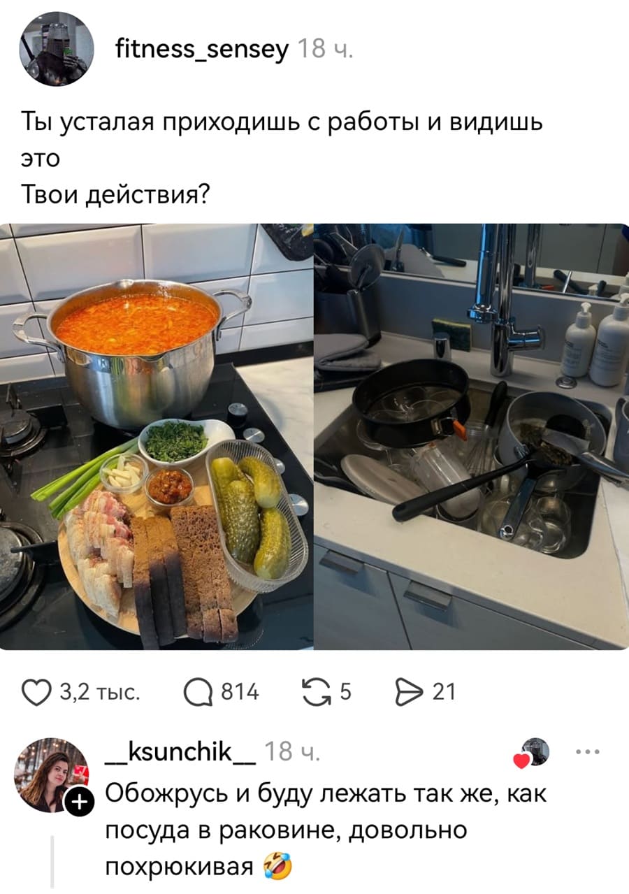 – Ты усталая приходишь с работы и видишь это. Твои действия?
– Обожрусь и буду лежать так же, как посуда в раковине, довольно похрюкивая.