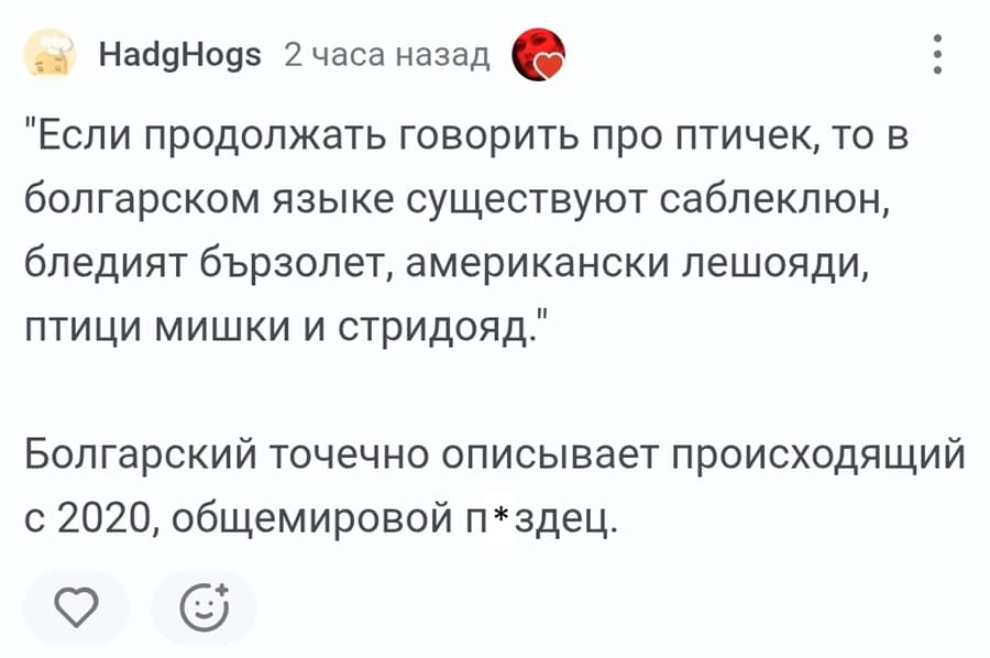 «Если продолжать говорить про птичек, то в болгарском языке существуют саблеклюн, бледият бързолет, американски лешояди, птици мишки и стридояд.»
Болгарский точечно описывает происходящий с 2020, общемировой п*здец.