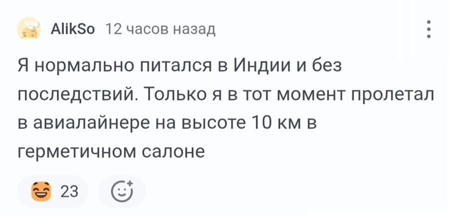 Я нормально питался в Индии и без последствий. Только я в тот момент пролетал в авиалайнере на высоте 10 км в герметичном салоне.