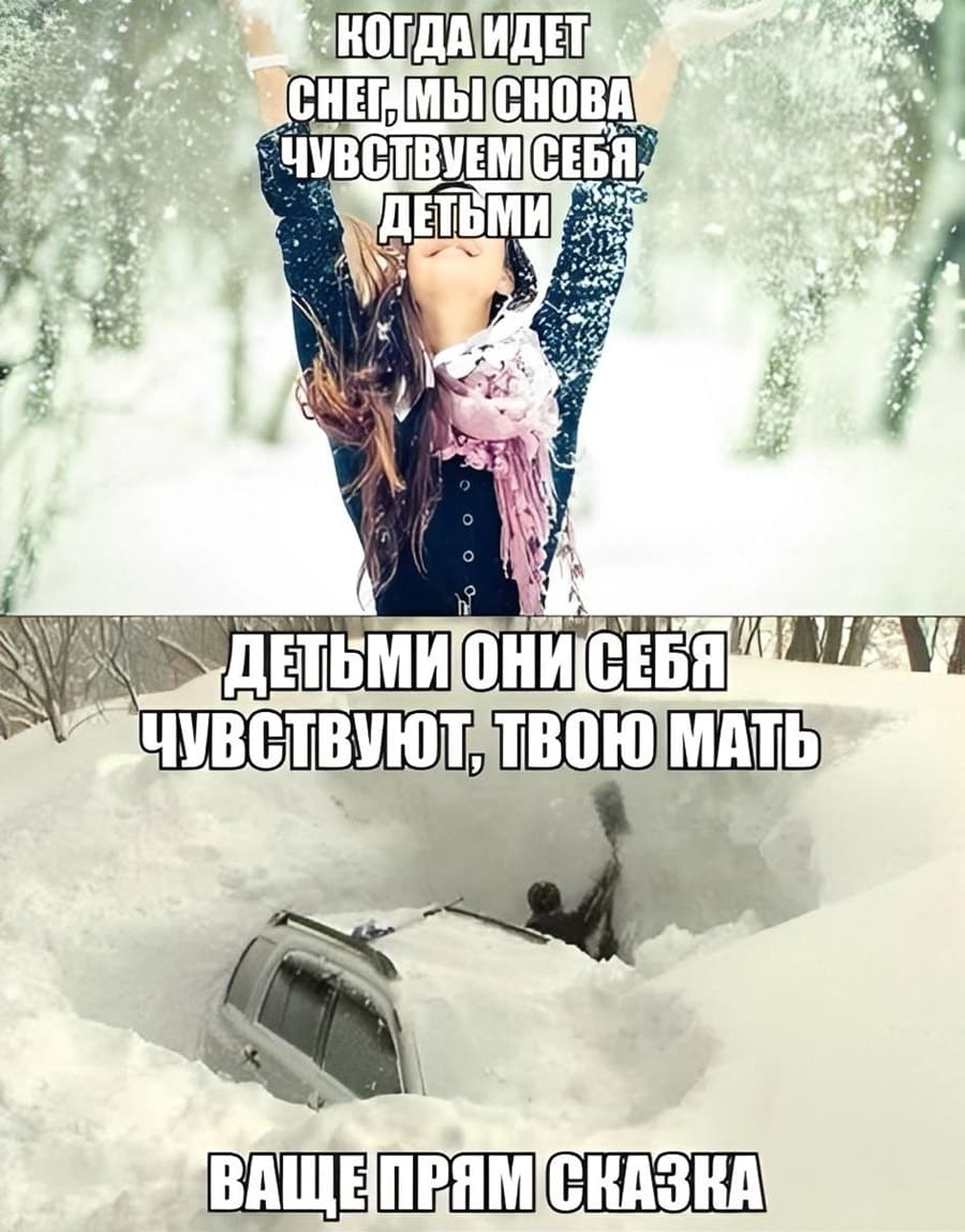 Девушки:
– Когда идёт снег, мы снова чувствуем себя детьми!
Автомобилисты, откапывая автомобиль:
– Детьми они себя чувствуют, твою мать, ваще прям сказка!