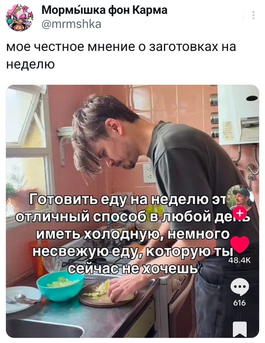 Моё честное мнение о заготовках на неделю:
Готовить еду на неделю это отличный способ в любой день иметь холодную, немного несвежую еду, которую ты сейчас-не хочешь.