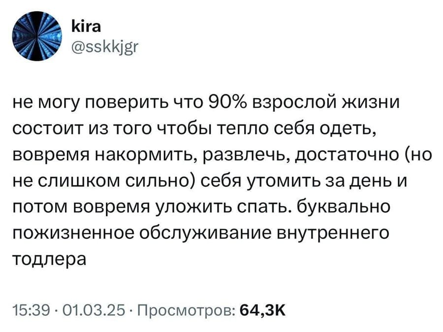 Не могу поверить, что 90% взрослой жизни состоит из того, чтобы тепло себя одеть, вовремя накормить, развлечь, достаточно (но не слишком сильно) себя утомить за день и потом вовремя уложить спать. Буквально пожизненное обслуживание внутреннего тодлера.