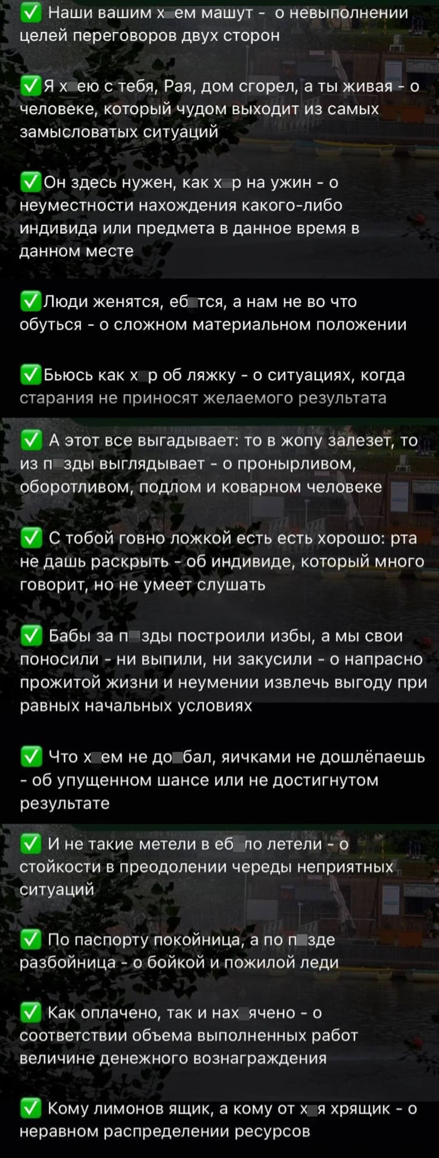 Наши вашим х*ем машут – о невыполнении целей переговоров двух сторон.
Я х*ею с тебя, Рая, дом сгорел, а ты живая – о человеке, который чудом выходит из самых замысловатых ситуаций.
Он здесь нужен, как хер на ужин – неуместности нахождения какого-либо индивида или предмета в данное время в данном месте.
Люди женятся, еб*тся, а нам не во что обуться – о сложном материальном положении.
Бьюсь как хер об ляжку – о ситуациях, когда старания не приносят желаемого результата.
А этот все выгадывает: то в жопу залезет, то из п*зды выглядывает – о пронырливом, оборотливом, подлом и коварном человеке.
С тобой говно ложкой есть есть хорошо: рта не дашь раскрыть – об индивиде, который много говорит, но не умеет слушать.
Бабы за п*зды построили избы, а мы свои поносили — ни выпили, ни закусили – о напрасно прожитой жизни и неумении извлечь выгоду при равных начальных условиях.
Что х*ем не до*бал, яичками не дошлёпаешь – об упущенном шансе или не достигнутом результате.
И не такие метели в еб*ло летели – о стойкости в преодолении череды неприятных ситуаций.
По паспорту покойница, а по п*зде разбойница – о бойкой и пожилой леди.
Как оплачено, так и нах*ячено – о соответствии объема выполненных работ величине денежного вознаграждения.
Кому лимонов ящик, а кому от х*я хрящик – о неравном распределении ресурсов.