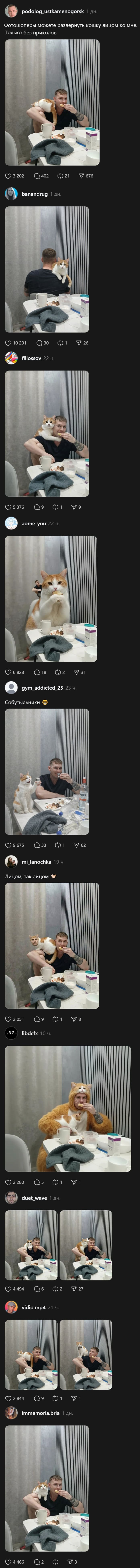 – Фотошоперы можете развернуть кошку лицом ко мне. Только без приколов.
– *Собутыльники*
– *Лицом, так лицом*