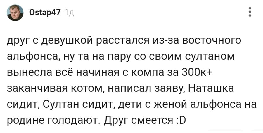 Друг с девушкой расстался из-за восточного альфонса, ну та на пару со своим султаном вынесла всё начиная с компа за 300к+ заканчивая котом, написал заяву, Наташка сидит, Султан сидит, дети с женой альфонса на родине голодают. Друг смеётся.