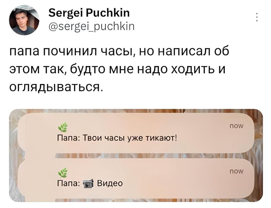 Папа починил часы, но написал об этом так, будто мне надо ходить и оглядываться.
Папа: Твои часы уже тикают!
Папа: Видео