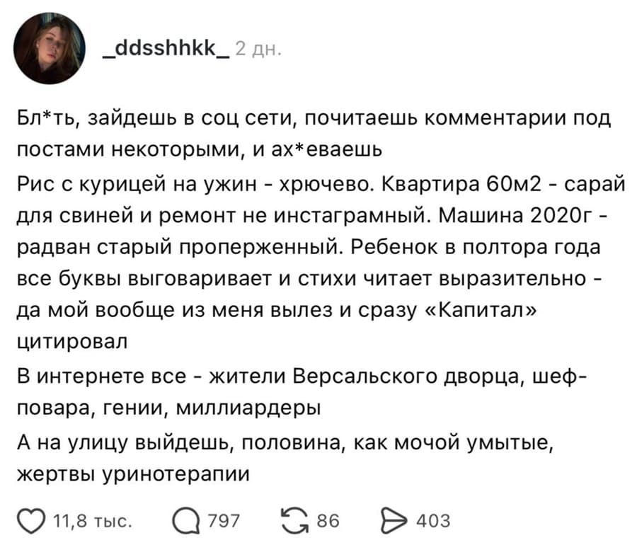 Бл*ть, зайдешь в соц сети, почитаешь комментарии под постами некоторыми, и ах*еваешь.
Рис с курицей на ужин — хрючево. Квартира 60м2 — сарай для свиней и ремонт не инстаграмный. Машина 2020г — радван старый проперженный. Ребенок в полтора года все буквы выговаривает и стихи читает выразительно — да мой вообще из меня вылез и сразу «Капитал» цитировал.
В интернете все — жители Версальского дворца, шеф-повара, гении, миллиардеры.
А на улицу выйдешь, половина, как мочой умытые, жертвы уринотерапии.