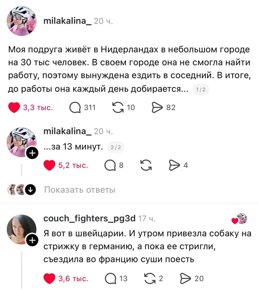 Моя подруга живёт в Нидерландах в небольшом городе на 30 тыс человек. В своём городе она не смогла найти работу, поэтому вынуждена ездить в соседний. В итоге, до работы она каждый день добирается... за 13 минут.
– Я вот в Швейцарии. И утром привезла собаку на стрижку в германию, а пока её стригли, съездила во Францию суши поесть.