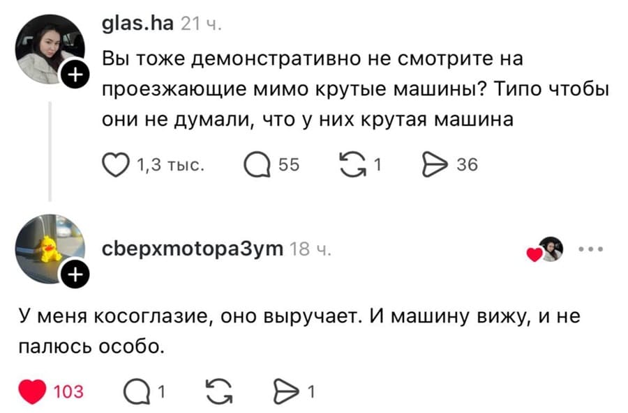 – Вы тоже демонстративно не смотрите на проезжающие мимо крутые машины? Типо чтобы они не думали, что у них крутая машина?
– У меня косоглазие, оно выручает. И машину вижу, и не палюсь особо.