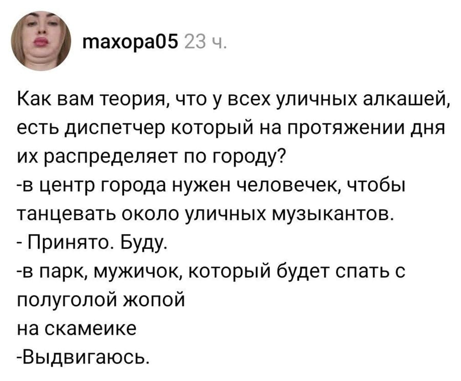 Как вам теория, что у всех уличных алкашей, есть диспетчер который на протяжении дня их распределяет по городу?
— В центр города нужен человечек, чтобы танцевать около уличных музыкантов.
— Принято. Буду.
— В парк, мужичок, который будет спать с полуголой жопой на скамейке.
— Выдвигаюсь.