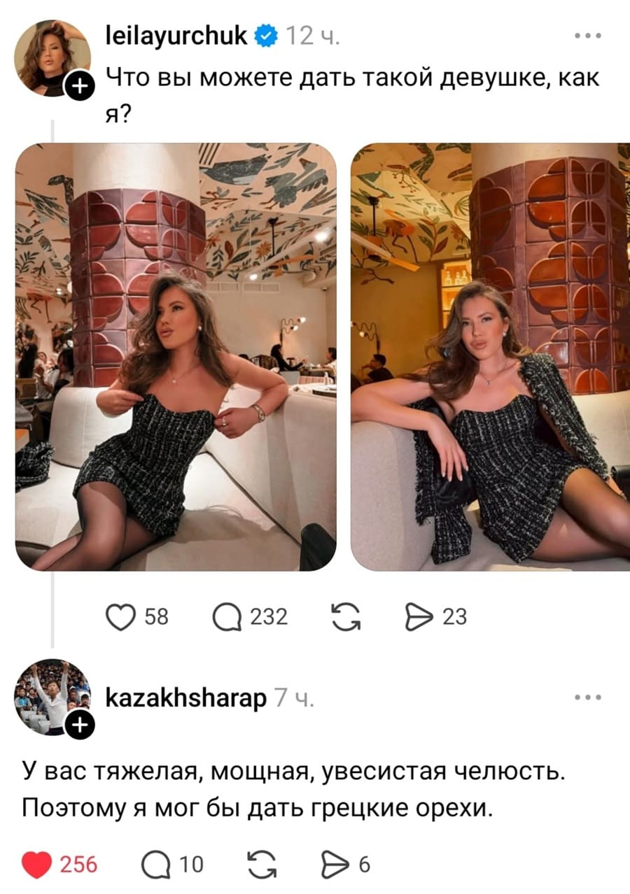 – Что вы можете дать такой девушке, как я?
– У вас тяжелая, мощная, увесистая челюсть. Поэтому я мог бы дать грецкие орехи.