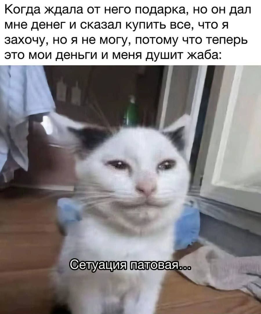 Когда ждала от него подарка, но он дал мне денег и сказал купить все, что я захочу, но я не могу, потому что теперь это мои деньги и меня душит жаба:
– Ситуация патовая...