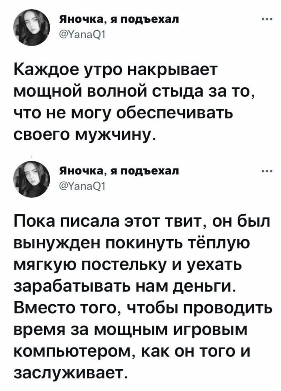 – Каждое утро накрывает мощной волной стыда за то, что не могу обеспечивать своего мужчину. Пока писала этот твит, он был вынужден покинуть тёплую мягкую постельку и уехать зарабатывать нам деньги. Вместо того, чтобы проводить время за мощным игровым компьютером, как он того и заслуживает.