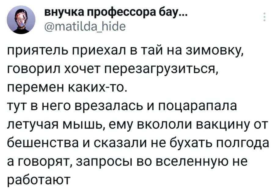 Приятель приехал в тай на зимовку, говорил хочет перезагрузиться, перемен каких-то. Тут в него врезалась и поцарапала летучая мышь, ему вкололи вакцину от бешенства и сказали не бухать полгода а говорят, запросы во вселенную не работают.