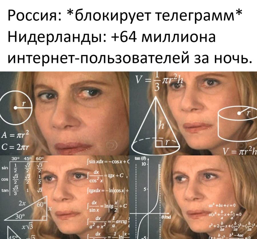 Россия: *блокирует телеграмм*
Нидерланды: +64 миллиона интернет-пользователей за ночь.