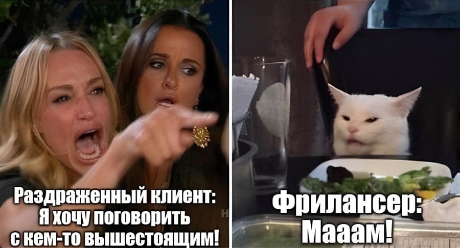 Разгневанный клиент:
– Я хочу поговорить с кем-то вышестоящим!
Фрилансер:
– Мааам!