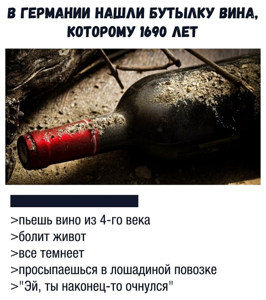 *В ГЕРМАНИИ НАШЛИ БУТЫЛКУ ВИНА КОТОРОМУ 1690 ЛЕТ*
>пьёшь вино из 4-го века
>болит живот
>всё темнеет
>просыпаешься в лошадиной повозке
>«Эй, ты наконец-то очнулся»