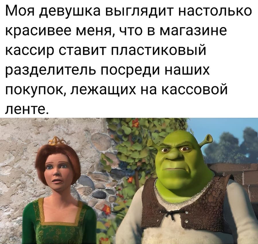 Моя девушка настолько красивее меня, что кассирша в супермаркете, увидев наши вещи на ленте, поставила между ними пластиковый разделитель. Видимо, решила, что это покупки двух абсолютно разных людей.