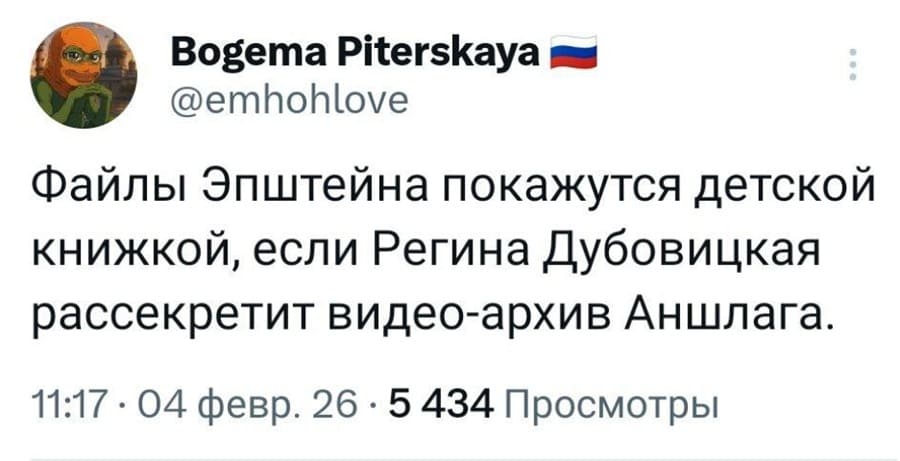 Файлы Эпштейна покажутся детской книжкой, если Регина Дубовицкая рассекретит видео-архив Аншлага.