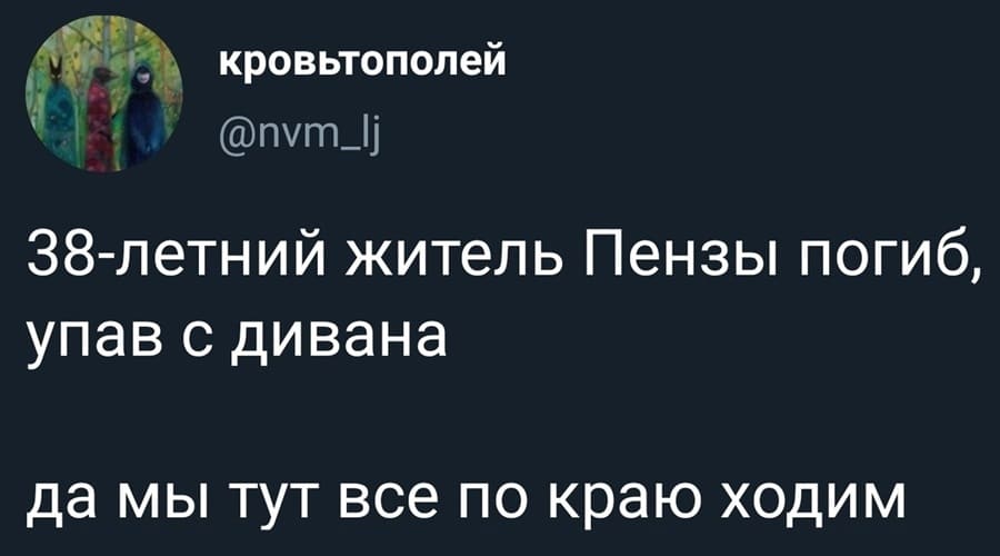 Из новостей: 38-летний житель Пензы погиб, упав с дивана.
Комментарий:
– Да мы тут все по краю ходим...