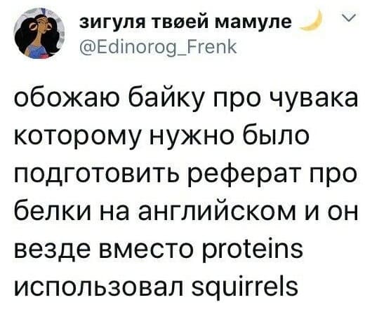 Обожаю байку про чувака, которому нужно было подготовить реферат про белки на английском, и он везде вместо proteins использовал squirrels.