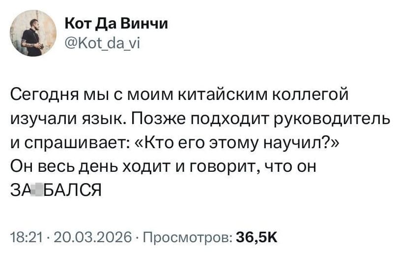 Сегодня мы с моим китайским коллегой изучали язык. Позже подходит руководитель и спрашивает: «Кто его этому научил?» Он весь день ходит и говорит, что он ЗАЕАЛСЯ.