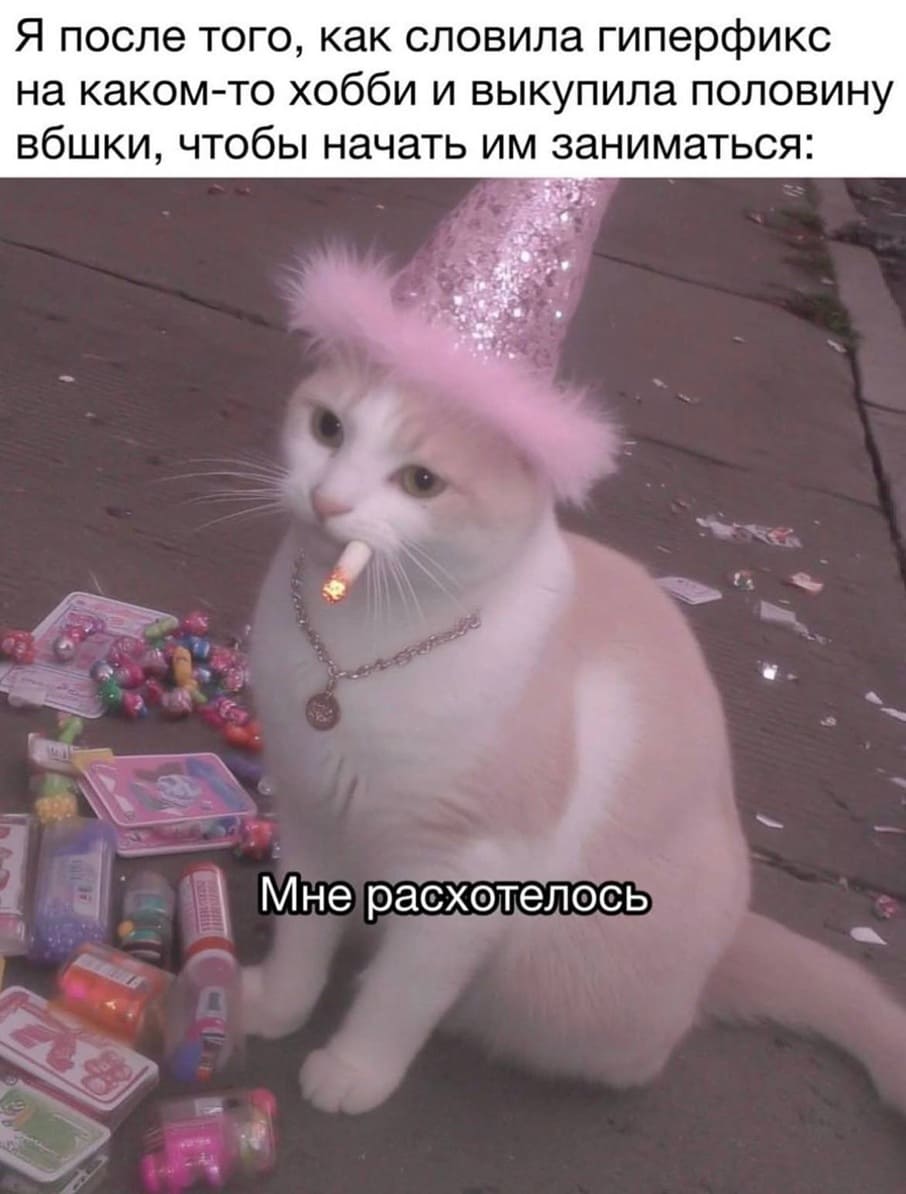 *Я после того, как словила гиперфикс на каком-то хобби и выкупила половину ВБшки, чтобы начать им заниматься*
*Мне расхотелось*