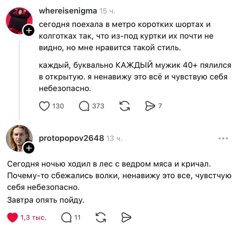– Сегодня поехала в метро коротких шортах и колготках так, что из-под куртки их почти не видно, но мне нравится такой стиль. Каждый, буквально КАЖДЫЙ мужик 40+ пялился в открытую. Я ненавижу это всё и чувствую себя небезопасно.
– Сегодня ночью ходил в лес с ведром мяса и кричал. Почему-то сбежались волки, ненавижу это все, чувствую себя небезопасно. Завтра опять пойду.