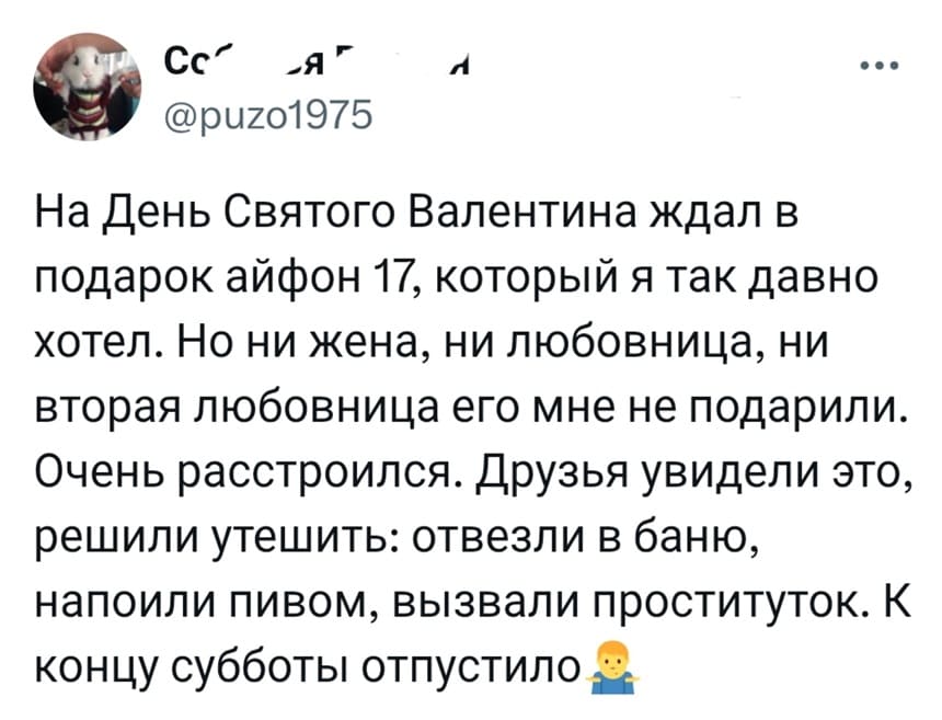 На День Святого Валентина ждал в подарок айфон 17, который я так давно хотел. Но ни жена, ни любовница, ни вторая любовница его мне не подарили. Очень расстроился. Друзья увидели это, решили утешить: отвезли в баню, напоили пивом, вызвали проституток. К концу субботы отпустило.