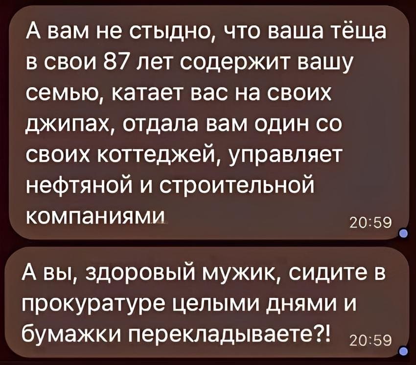 А вам не стыдно, что ваша тёща в свои 87 лет содержит вашу семью, катает вас на своих джипах, отдала вам один со своих коттеджей, управляет нефтяной и строительной компаниями, а вы, здоровый мужик, сидите в прокуратуре целыми днями и бумажки перекладываете?!
