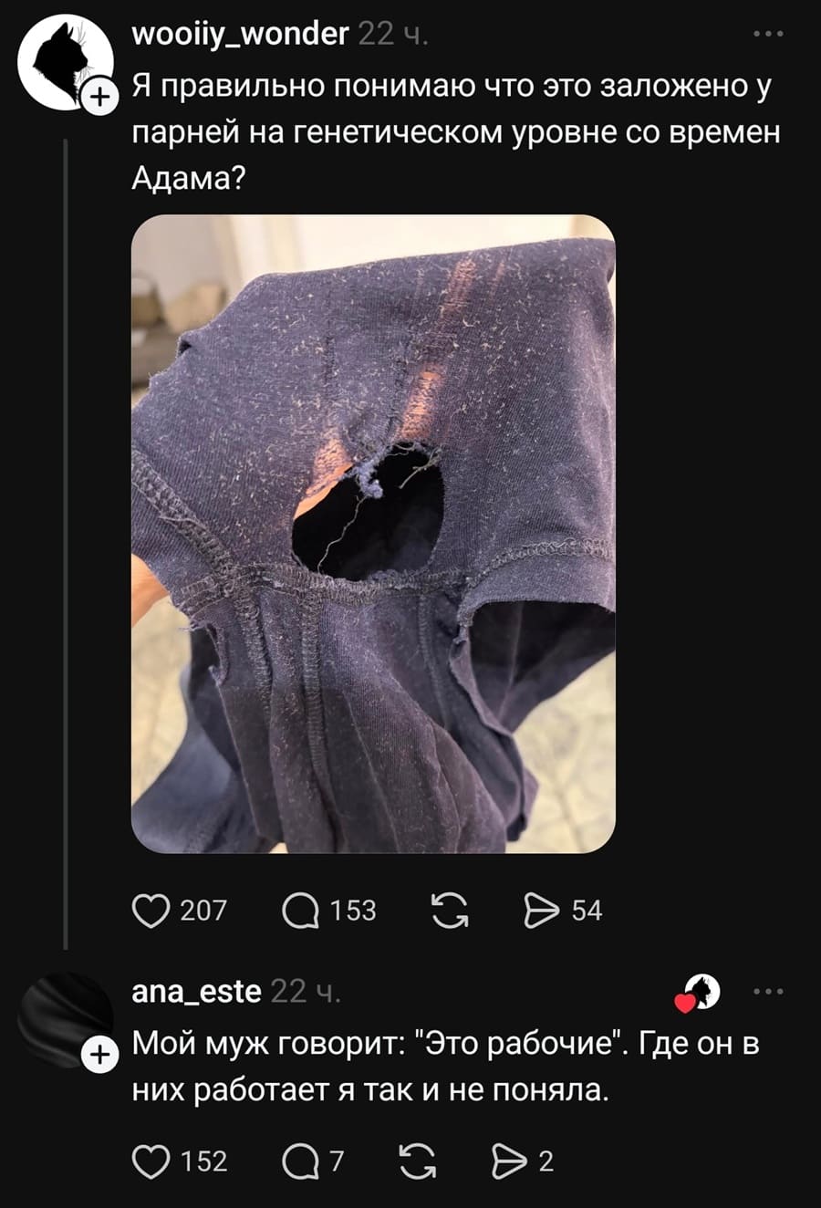 – Я правильно понимаю что это заложено у парней на генетическом уровне со времён Адама?
– Мой муж говорит: «Это рабочие». Где он в них работает я так и не поняла.