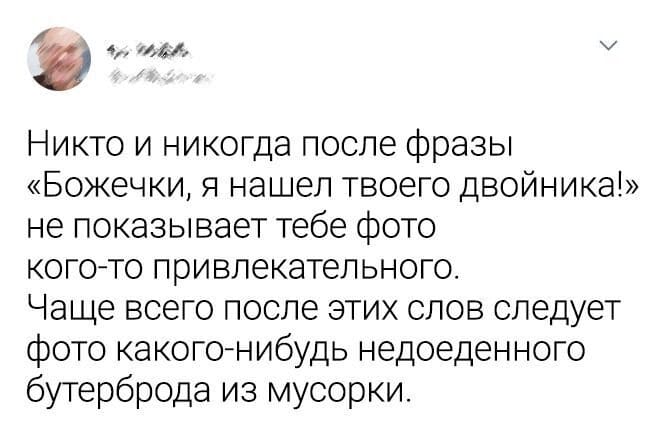 Никто и никогда после фразы «Божечки, я нашёл твоего двойника!» не показывает тебе фото кого-то привлекательного. Чаще всего после этих слов следует фото какого-нибудь недоеденного бутерброда из мусорки.