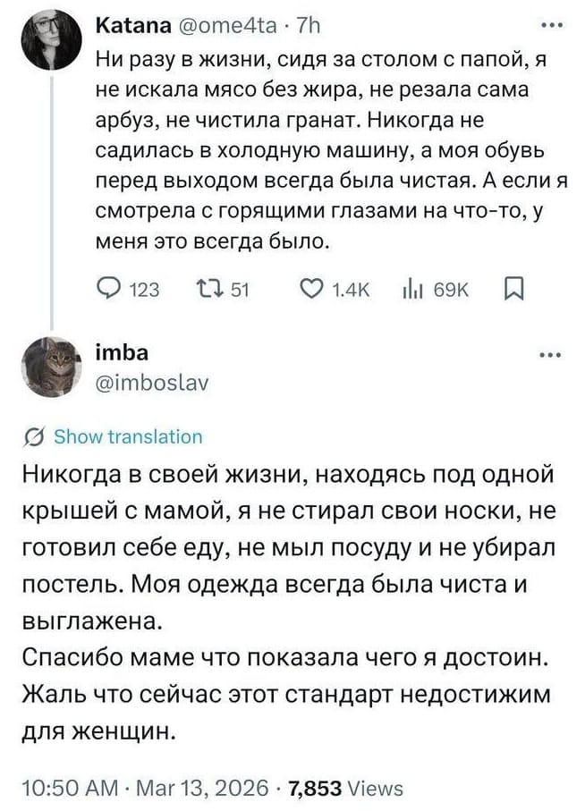 – Ни разу в жизни, сидя за столом с папой, я не искала мясо без жира, не резала сама арбуз, не чистила гранат. Никогда не садилась в холодную машину, а моя обувь перед выходом всегда была чистая. А если я смотрела с горящими глазами на что-то, у меня это всегда было.
– Никогда в своей жизни, находясь под одной крышей с мамой, я не стирал свои носки, не готовил себе еду, не мыл посуду и не убирал постель. Моя одежда всегда была чиста и выглажена. Спасибо маме что показала чего я достоин. Жаль что сейчас этот стандарт недостижим для женщин.