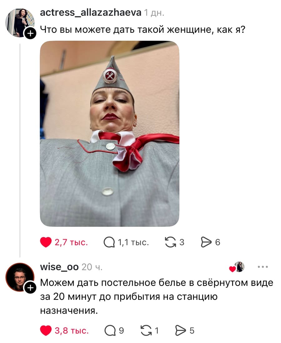 – Что вы можете дать такой женщине, как я?
– Можем дать постельное белье в свёрнутом виде за 20 минут до прибытия на станцию назначения.