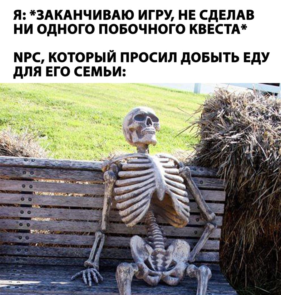 Я: *Заканчиваю игру, не сделав ни одного побочного квеста*
*NPC, который просил добыть еду для его семьи*
