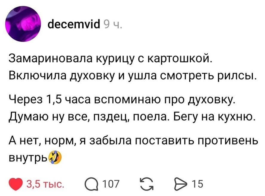 Замариновала курицу с картошкой. Включила духовку и ушла смотреть рилсы. Через 1,5 часа вспоминаю про духовку. Думаю ну все, пздец, поела. Бегу на кухню. А нет, норм, я забыла поставить противень внутрь.