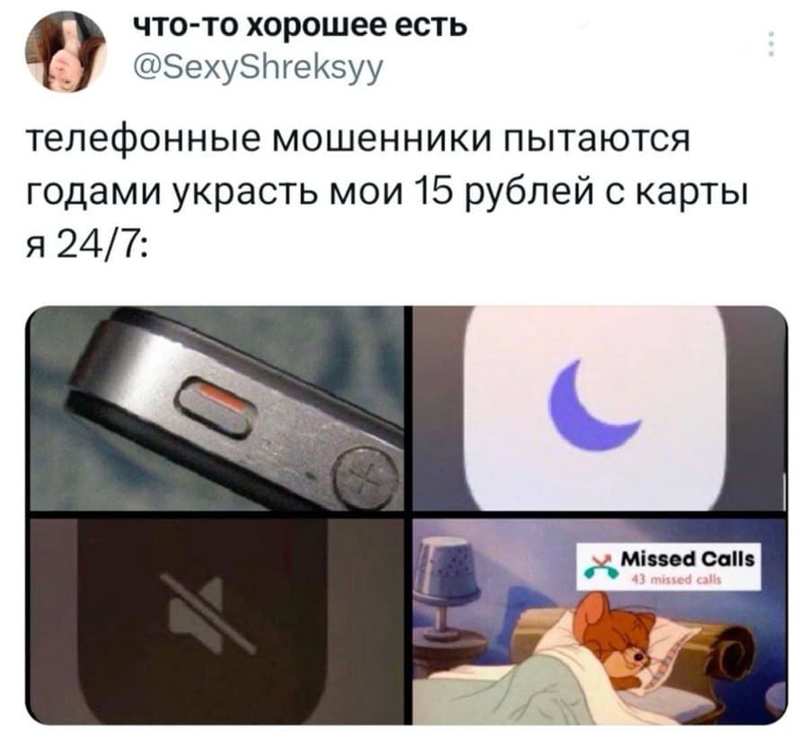 Телефонные мошенники пытаются годами украсть мои 15 рублей с карты.
Я 24/7: *На беззвучном*