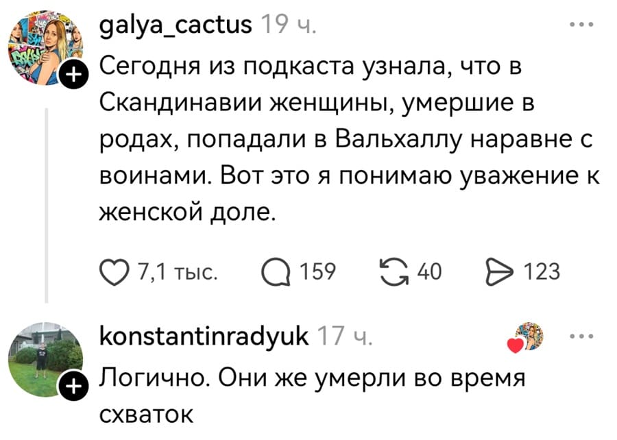 – Сегодня из подкаста узнала, что в Скандинавии женщины, умершие в родах, попадали в Вальхаллу наравне с воинами. Вот это я понимаю уважение к женской доле.
– Логично. Они же умерли во время схваток.